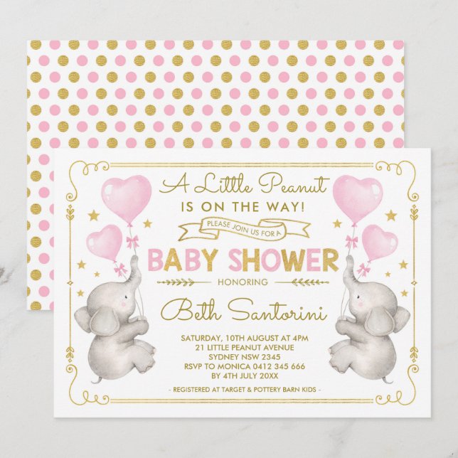 Invitación a la jungla Chica Baby Shower Elephant  (Anverso / Reverso)