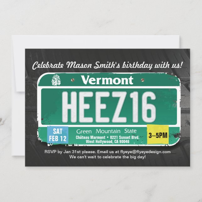Invitación a la licencia de Vermont por 16 cumplea (Anverso)