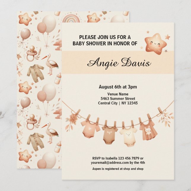 Invitación a la línea de ropa de Baby Shower cute  (Anverso / Reverso)