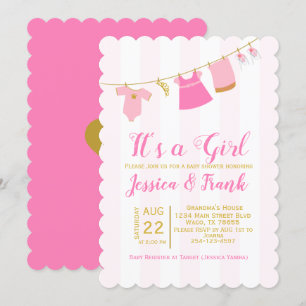 Invitación a la línea de ropa de chica Baby Shower