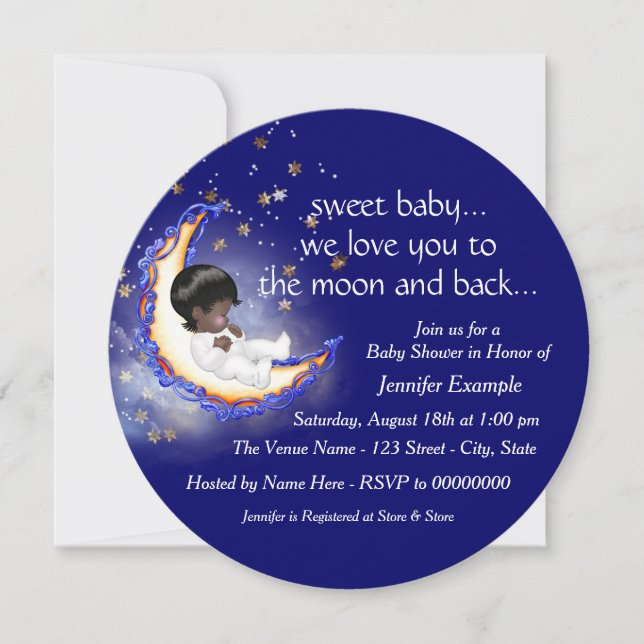 Invitación A la luna y a la espalda el Baby Shower afroameric (Anverso)