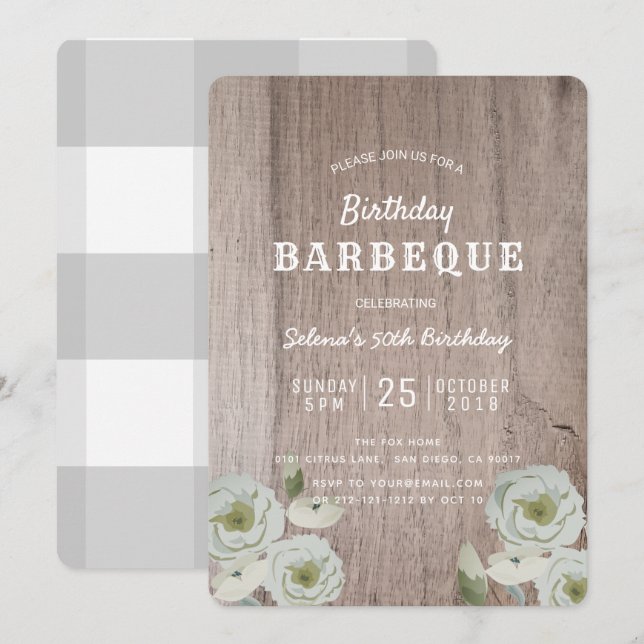 Invitación a la madera para Rosas Fiestas de BBQ B (Anverso / Reverso)