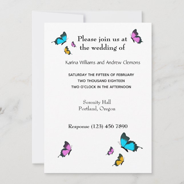 Invitación a la mariposa Boda colorida (Anverso)