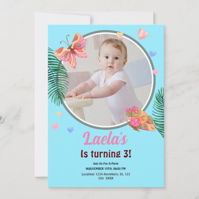 Invitación a la mariposa de 1 cumpleaños azul con  (Anverso)