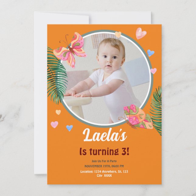 Invitación a la mariposa de cumpleaños naranja con (Anverso)
