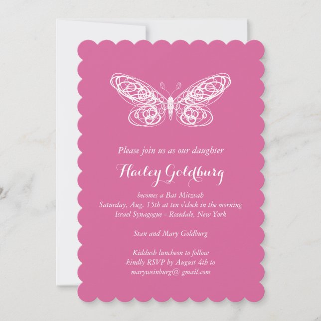 Invitación a la mariposa de Fuchsia Bat Mitzvah (Anverso)