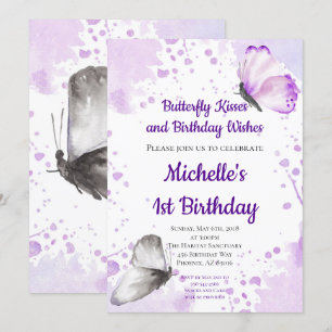 Invitación a la mariposa, primer cumpleaños, púrpu