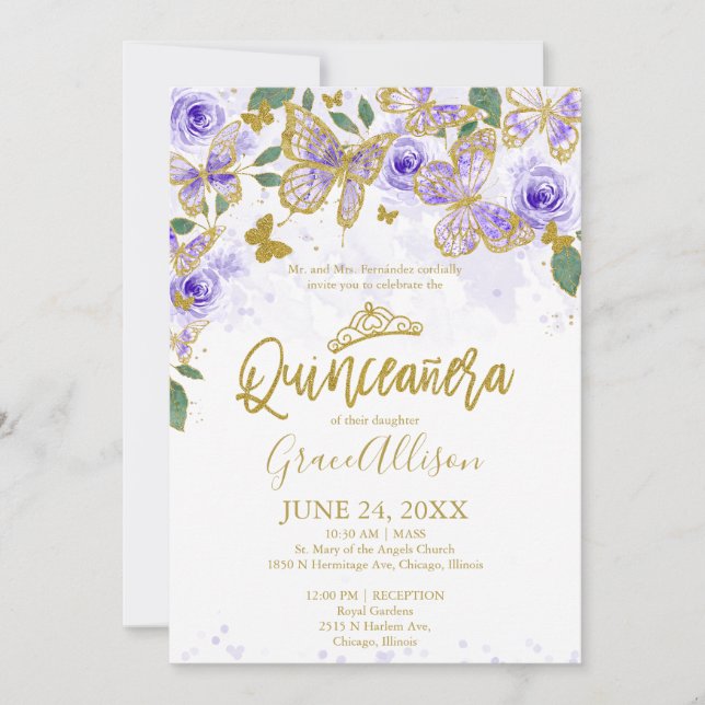 Invitación a la mariposa Quinceanera Bilingual (Anverso)