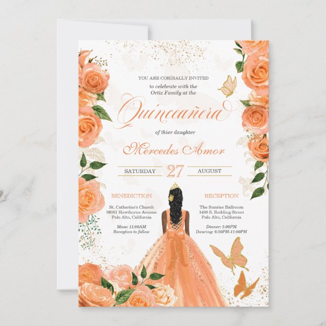 Invitación a la mariposa Quinceanera Rosas de melo (Anverso)