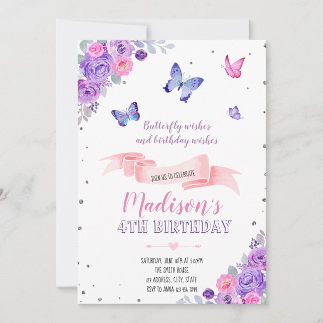 Invitación a la mariposa rosa púrpura (Anverso)
