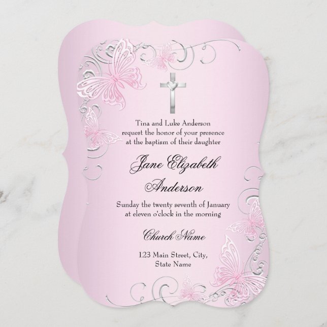Invitación a la mariposa rosada y al bautismo cruz (Anverso / Reverso)