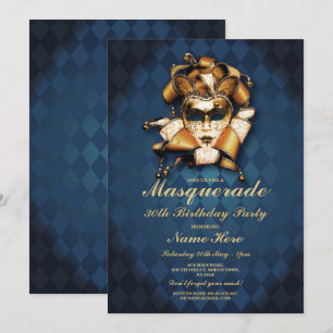Invitación a la máscara de oro azul de la fiesta d