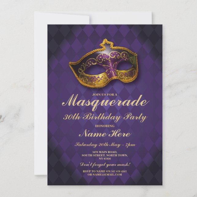 Invitación a la máscara púrpura de oro de la fiest (Anverso)