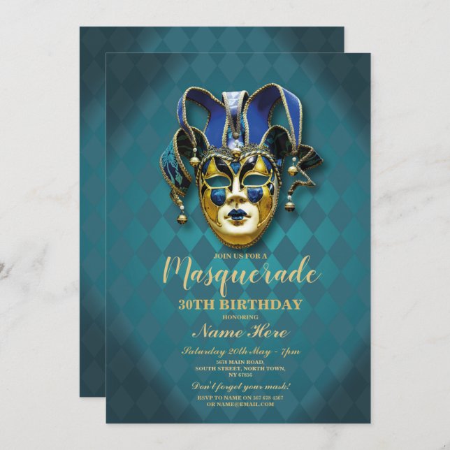 Invitación a la máscara Verde azulada de oro de la (Anverso / Reverso)