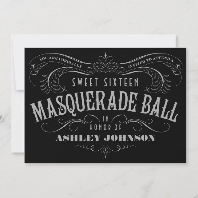 Invitación a la mascarada Black, Gray & White Swee (Anverso)