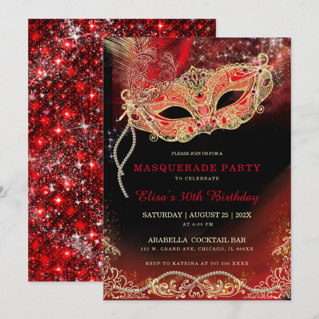Invitación a la mascarada de oro rojo negro (Anverso / Reverso)