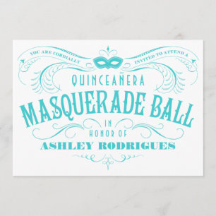 Invitación a la mascarada Quinceanera blanca y tur