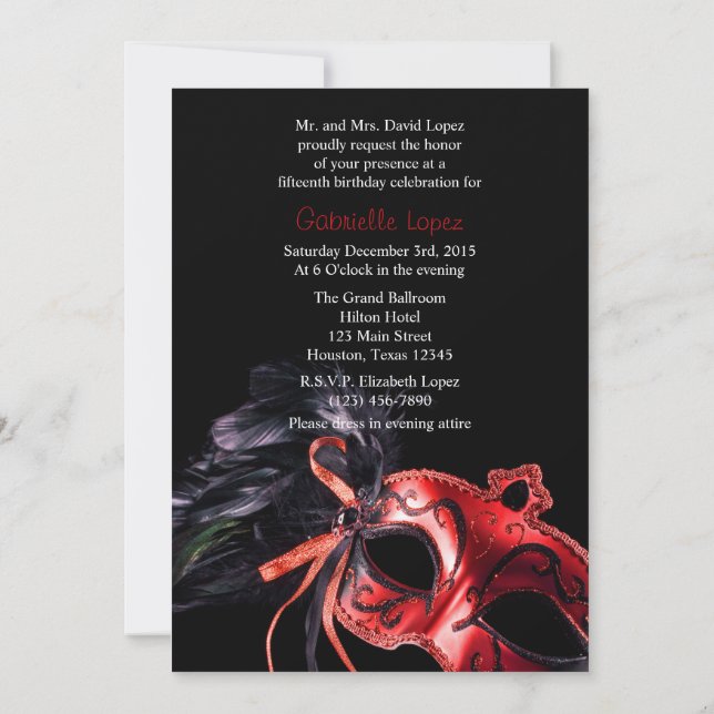 Invitación a la mascarada roja de Quinceanera Ball (Reverso)