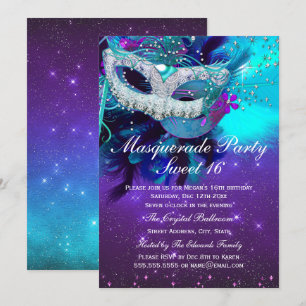 Invitación a la mascarada verde azulada de plumas 