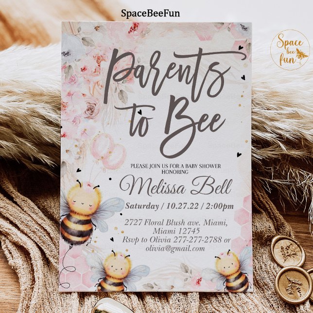 Invitación a la miel Ducha para bebé Padres a la a (Bee Honey invitation Baby shower Parents to bee Baby shower invitation Boho Pampas Grass Pink Girl )