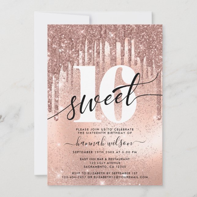 Invitación a la moda de oro Rosa Sweet 16 (Anverso)