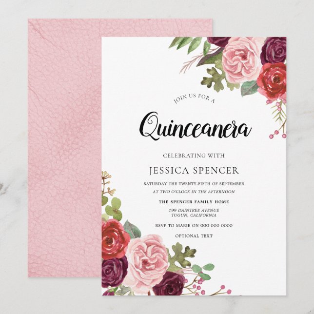 Invitación a la moda de Quinceanera en las flores  (Anverso / Reverso)