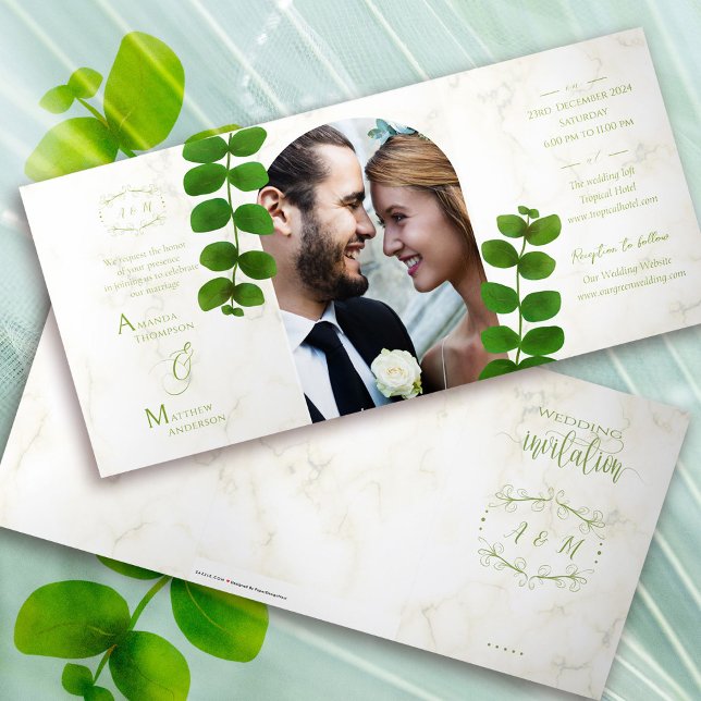 Invitación a la Moda verde boda (Chic Green Photo Folding Invitation Card. )