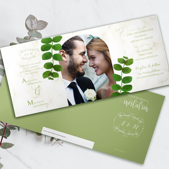 Invitación a la Moda verde boda (Chic Green Photo Folding Invitation Card. )