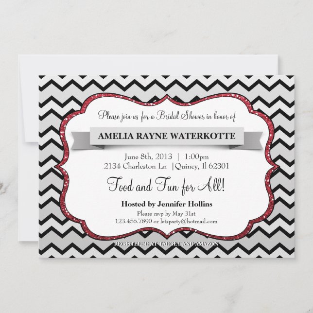 Invitación a la moderna ducha de novia roja gris C (Anverso)