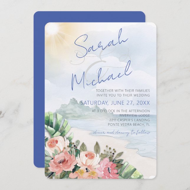 Invitación a la moderna playa y a la boda floral (Anverso / Reverso)