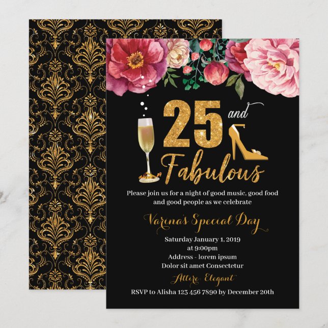 Invitación a la mujer por el cumpleaños número 25 (Anverso / Reverso)