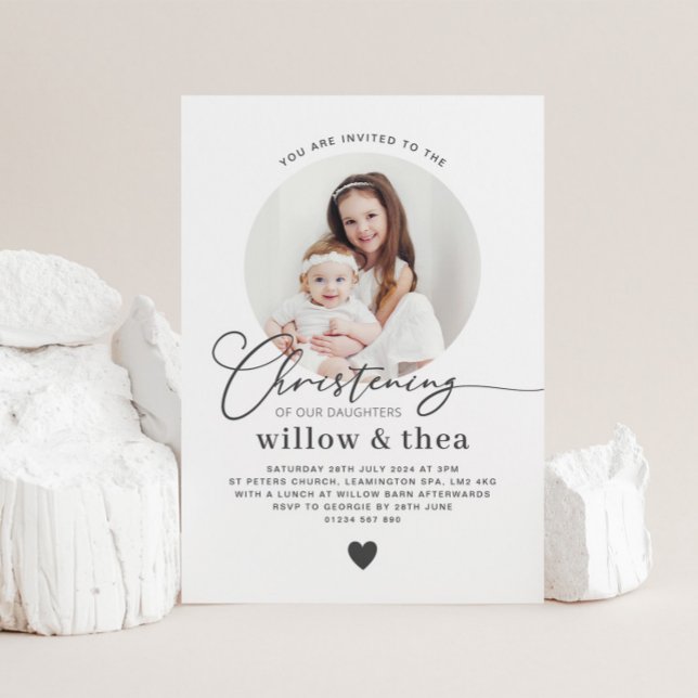 Invitación a la Navidad de Chicas conjuntos de fot (Round Photo Joint Girls Christening Invitation)