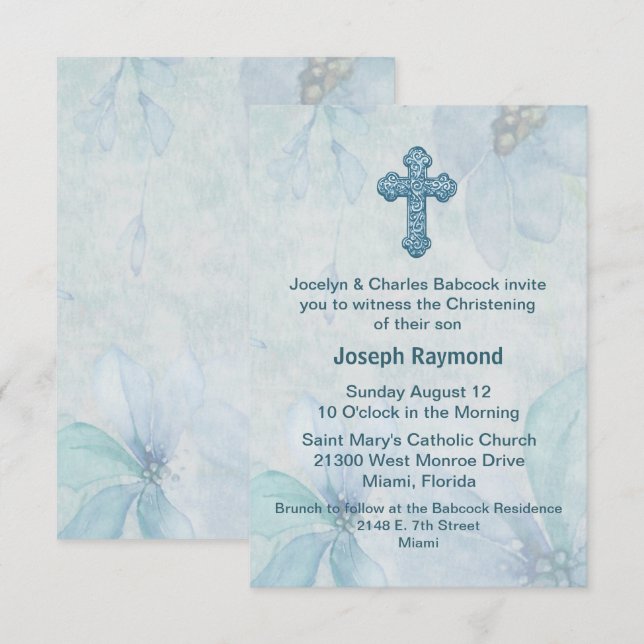 Invitación a la Navidad de la Cruz Floral Azul Beb (Anverso / Reverso)