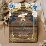 Invitación a la Navidad de Rustic Wood Boy Baptism<br><div class="desc">Rústica Wood Boy Flores Azules y Blancas Bautismo Invitación a la Cristiandad Fiesta Bautizo</div>