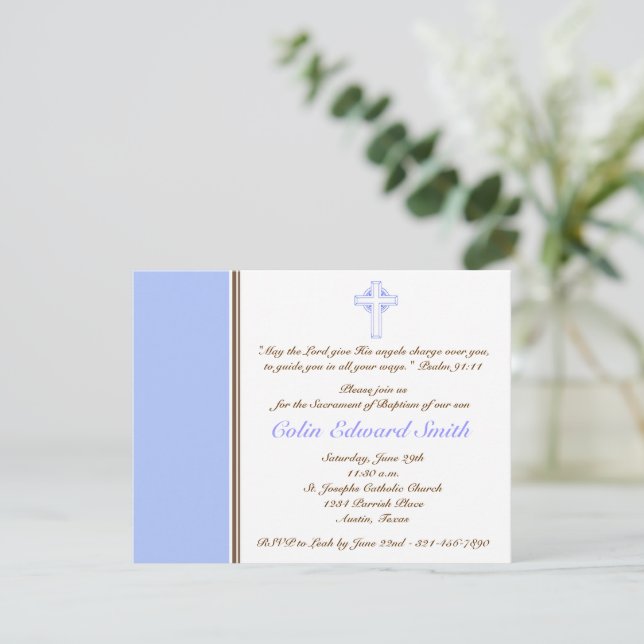 Invitación a la Navidad del bautismo cruzado azul  (Anverso de pie)