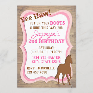 Invitación a la niña de color rosa Yee Haw