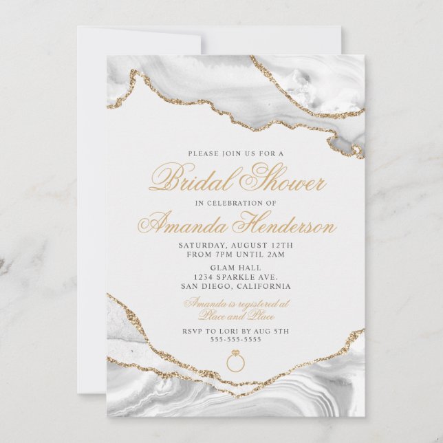 Invitación a la novia de mármol blanco y oro agate (Anverso)