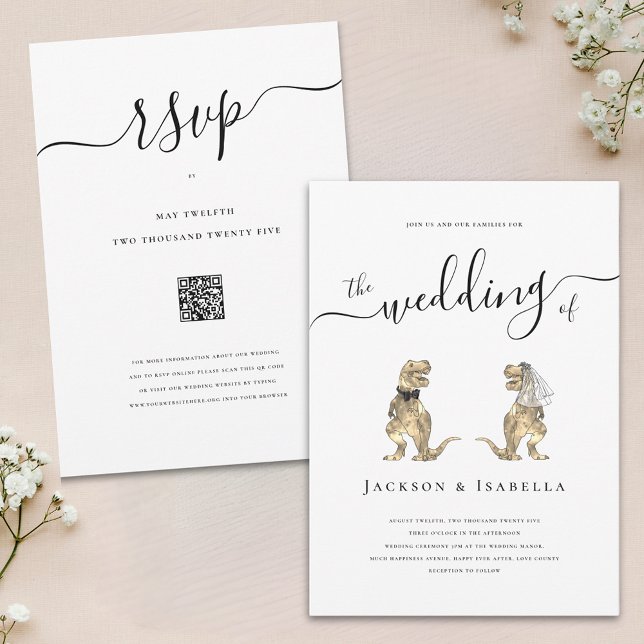 Invitación a la novia T-Rex Boda de dinosaurios y  (Fun Dinosaur theme wedding invitation T-Rex bride and groom elegant modern script and RSVP Qr code)