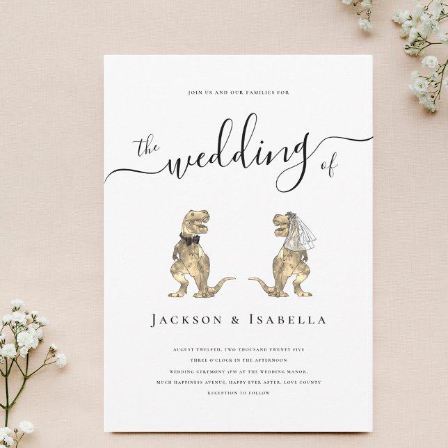 Invitación a la novia T-Rex Boda de dinosaurios y  (Fun Dinosaur theme wedding invitation T-Rex bride and groom elegant modern script minimalist design)