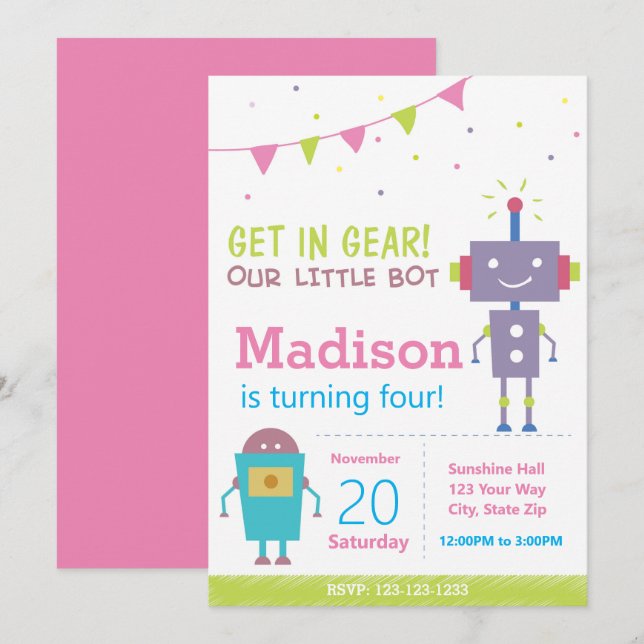 Invitación a la parte del cumpleaños del robot ros (Anverso / Reverso)