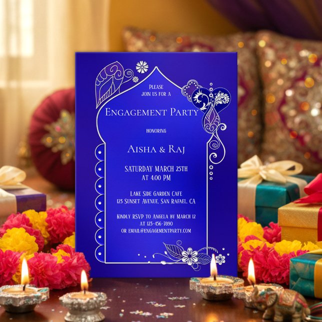 Invitación a la participación de Indigo Silver Hen (Engagement party invitation in indigo blue / deep purple with a silver henna mehndi inspired design)