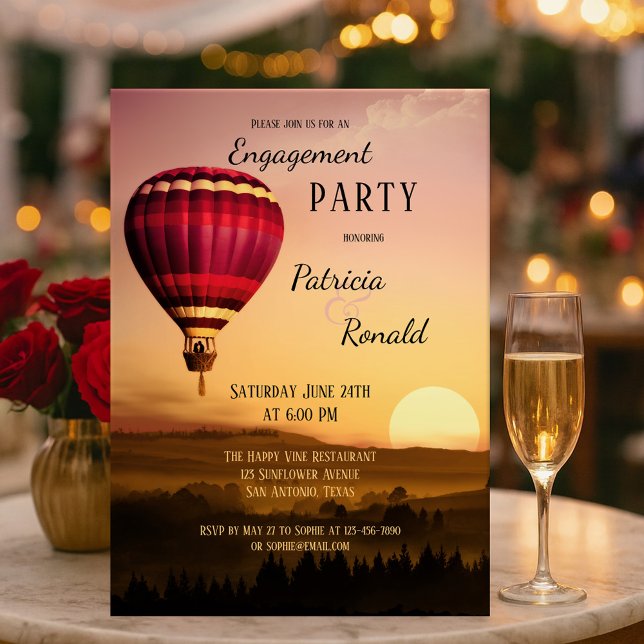 Invitación a la participación en el atardecer de g (Romantic engagement party invitation featuring a hot air balloon over a dreamy landscape at sunset. )