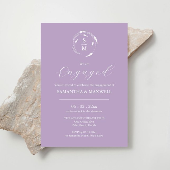 Invitación a la participación moderna diseña Lavan (Engagement invitations monogram minimalistic lavender line art by Victoria Grigaliunas )