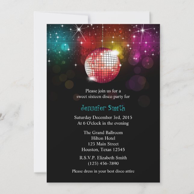 Invitación a la pelota Disco Fiesta Sweet 16 (Reverso)
