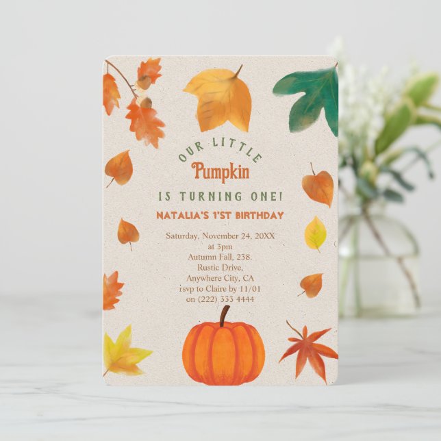 Invitación a la pequeña calabaza de primer cumplea (Anverso de pie)