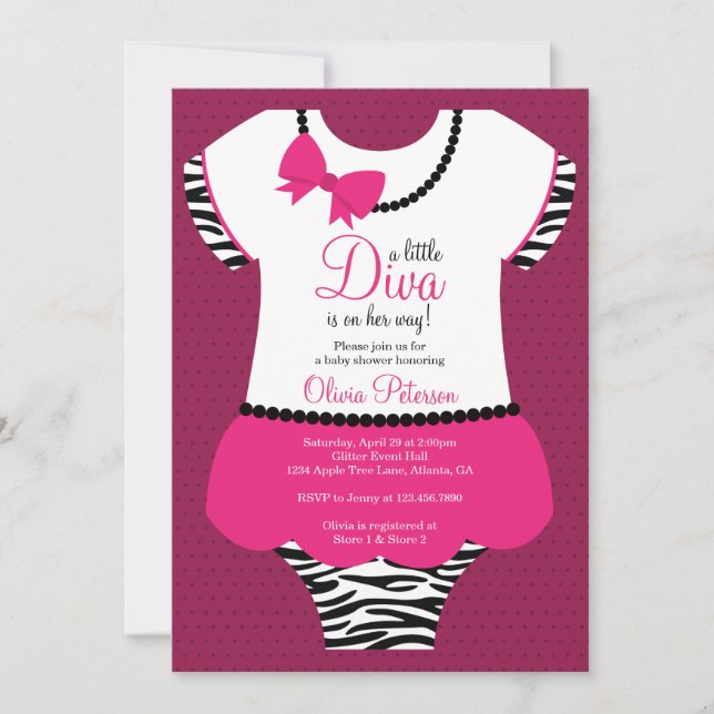 Invitación a la Pequeña Diva en Baby Shower, cebra (Anverso)