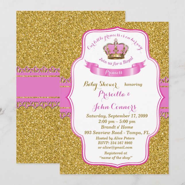 Invitación a la pequeña Princesa Baby Shower, oro, (Anverso / Reverso)
