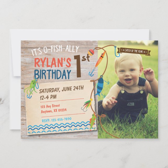 Invitación a la pesca de primer cumpleaños de niño (Anverso)