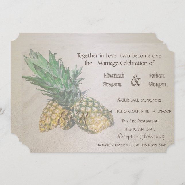 Invitación a la piña de bodas de playa (Anverso / Reverso)