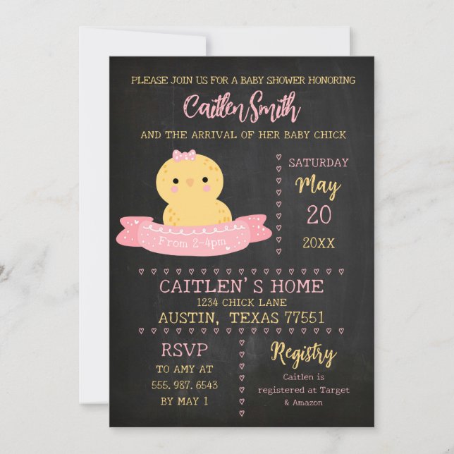 Invitación a la pizarra Baby Shower de Baby Chick (Anverso)